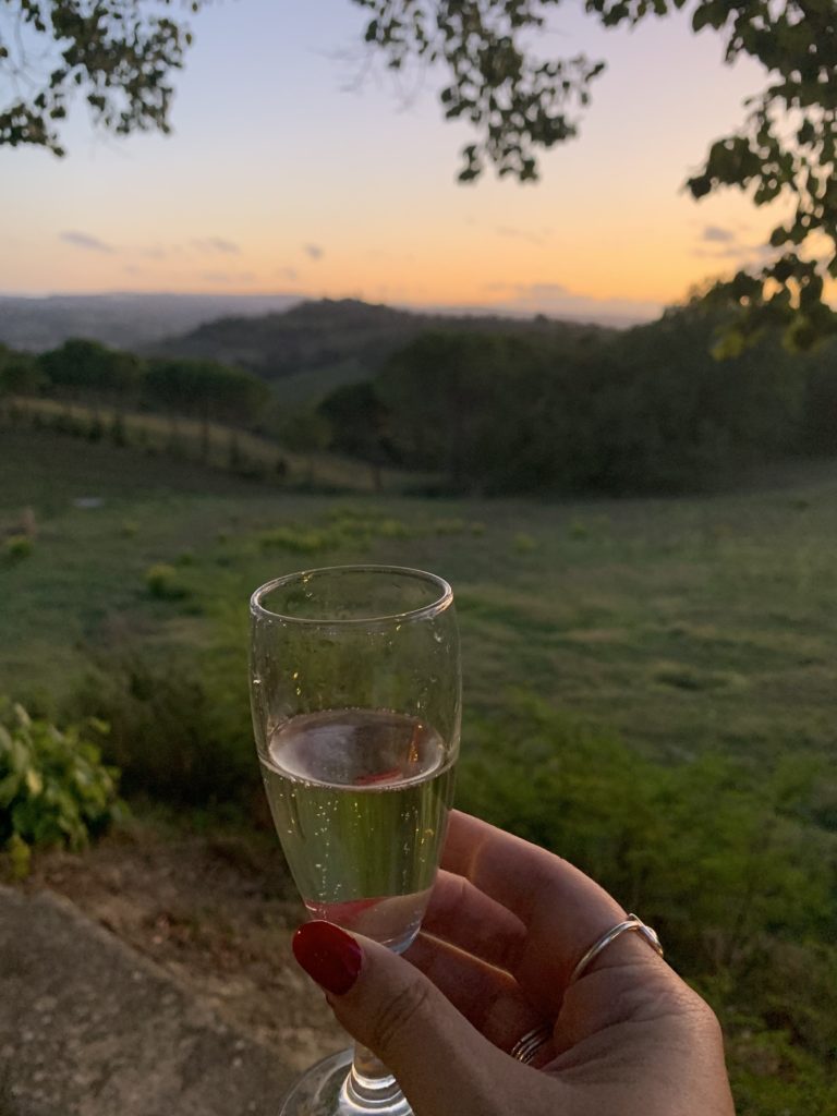 Hand holding a glass in the Tuscan Countryside