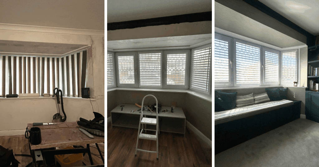a set of three pictures depicting the transition of a window space with perfect fit shutter blinds